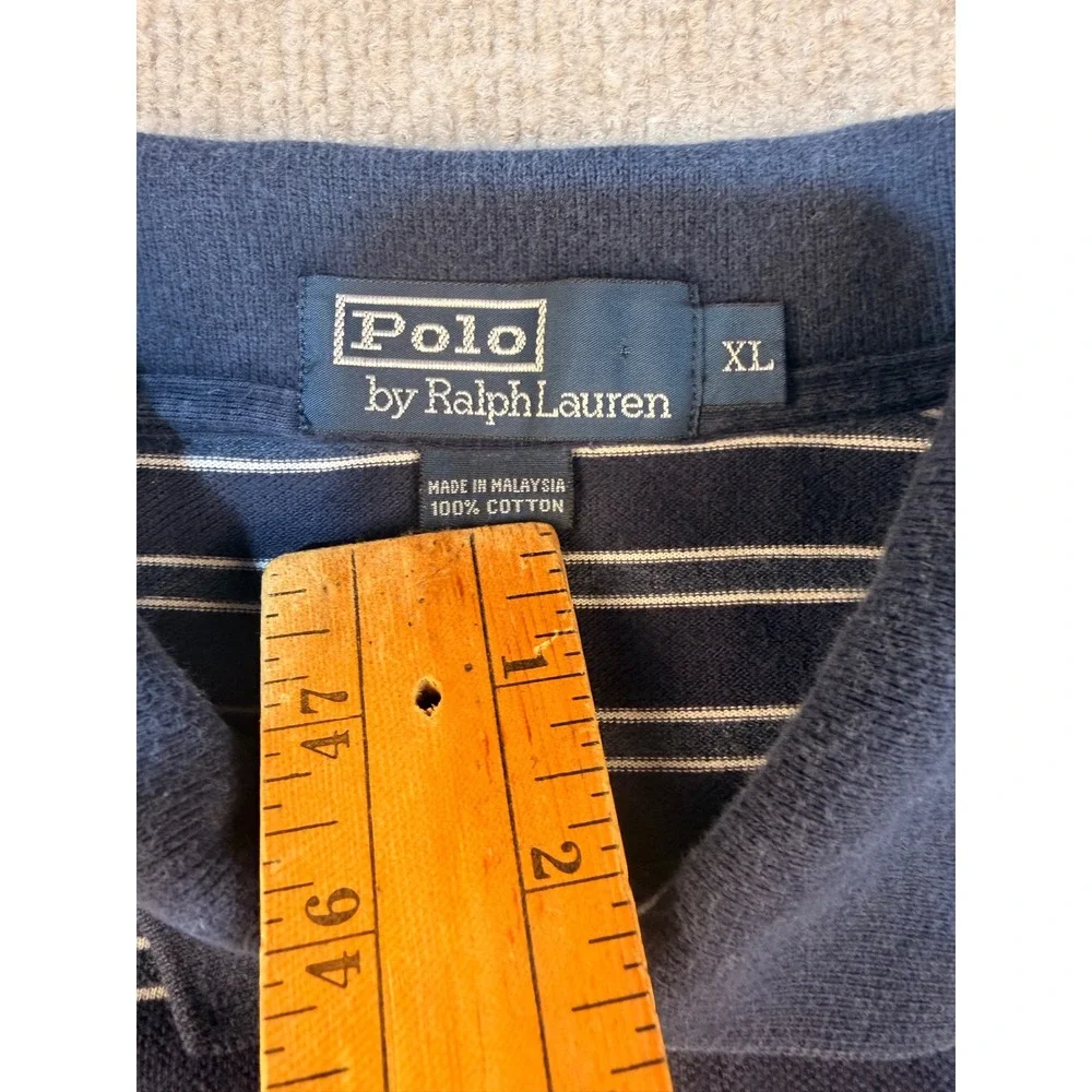 Polo Ralph Lauren Mens XL Navy Blue White Striped Short Sleeve Cotton Polo Shirt